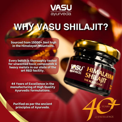 VASU Ayurveda Himalayan Shilajit Resin 400mg – Lab Tested | Natural Energy & 85+ Minerals