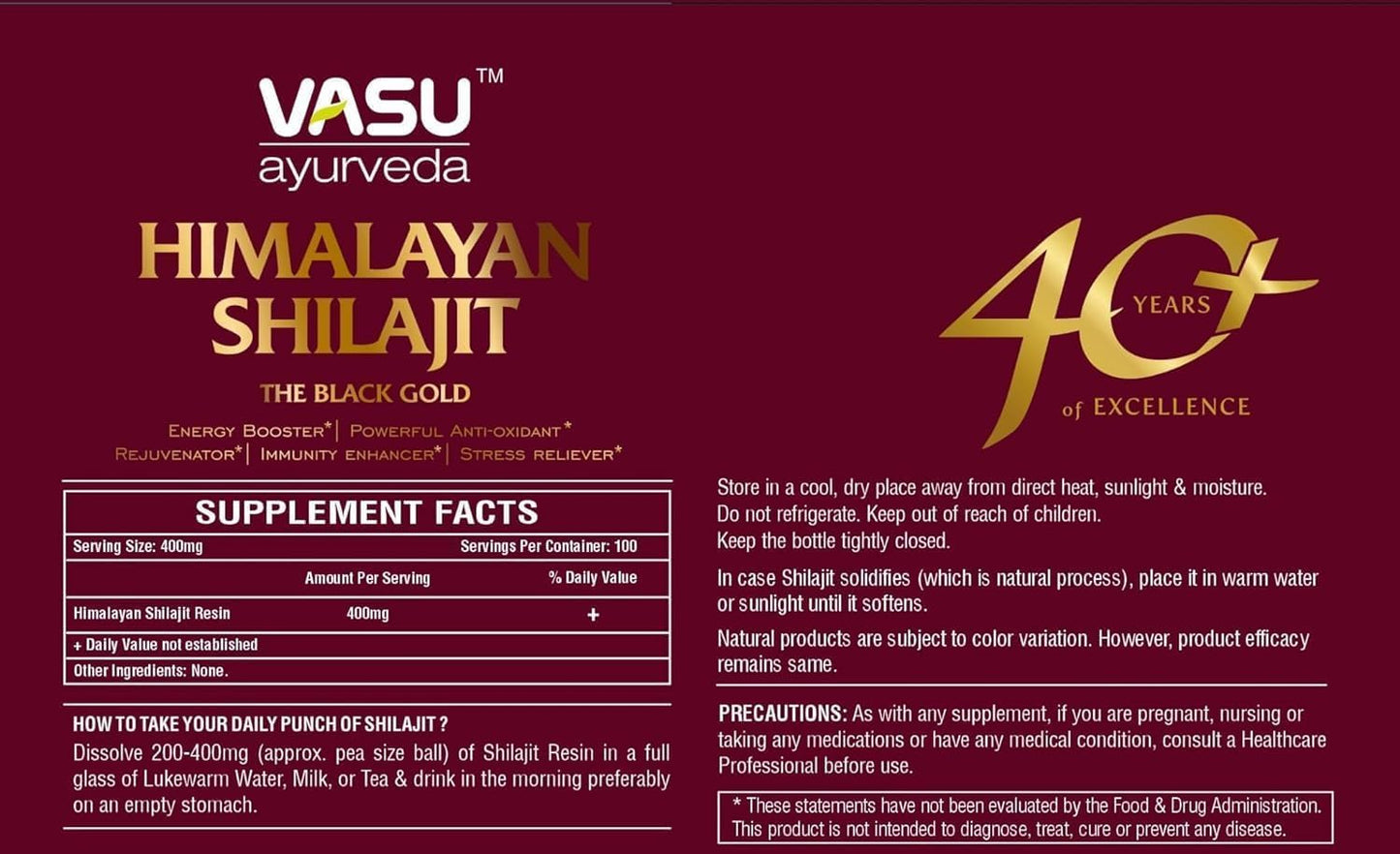 VASU Ayurveda Himalayan Shilajit Resin 400mg – Lab Tested | Natural Energy & 85+ Minerals
