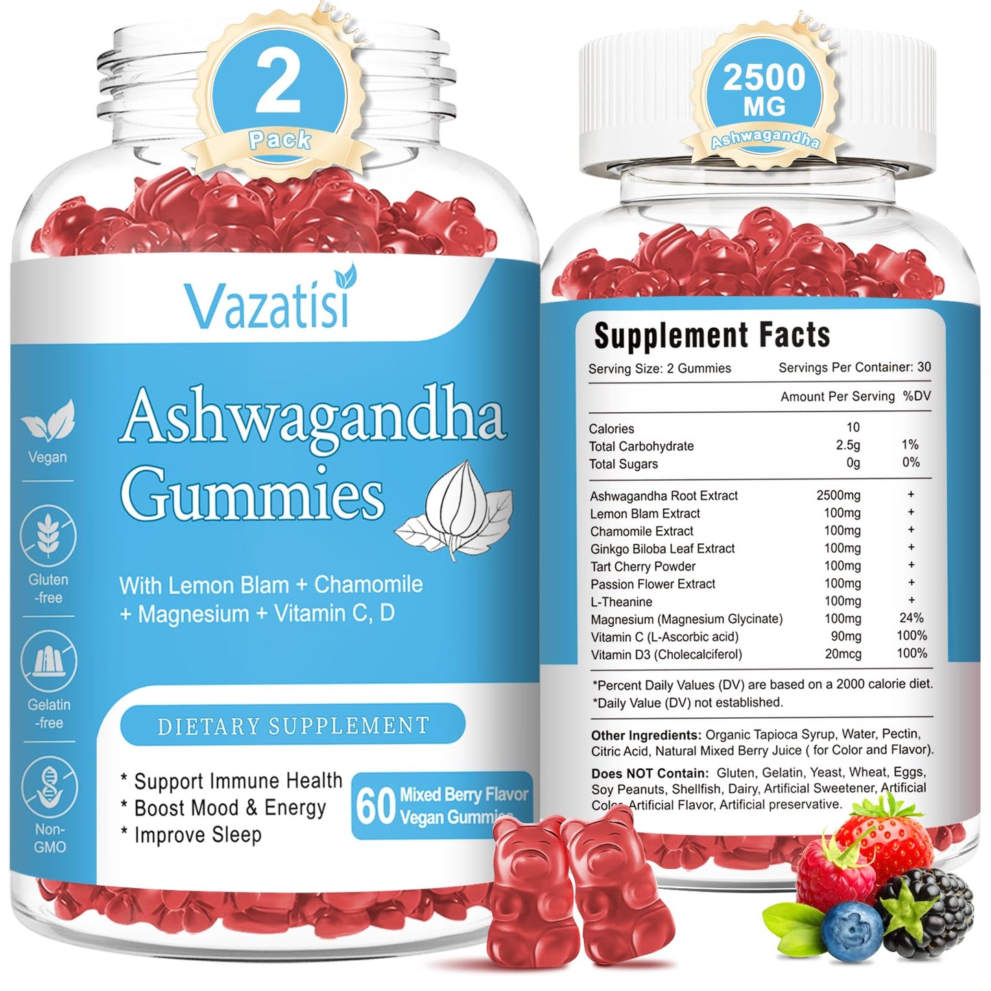 Vazatisi Ashwagandha Gummies (2 Pack) – Sugar Free Organic | Vegan & Gluten Free | 120 Count