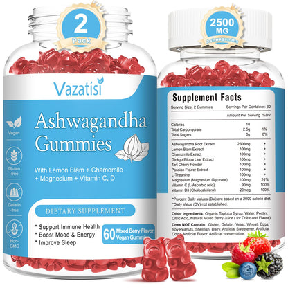Vazatisi Ashwagandha Gummies (2 Pack) – Sugar Free Organic | Vegan & Gluten Free | 120 Count
