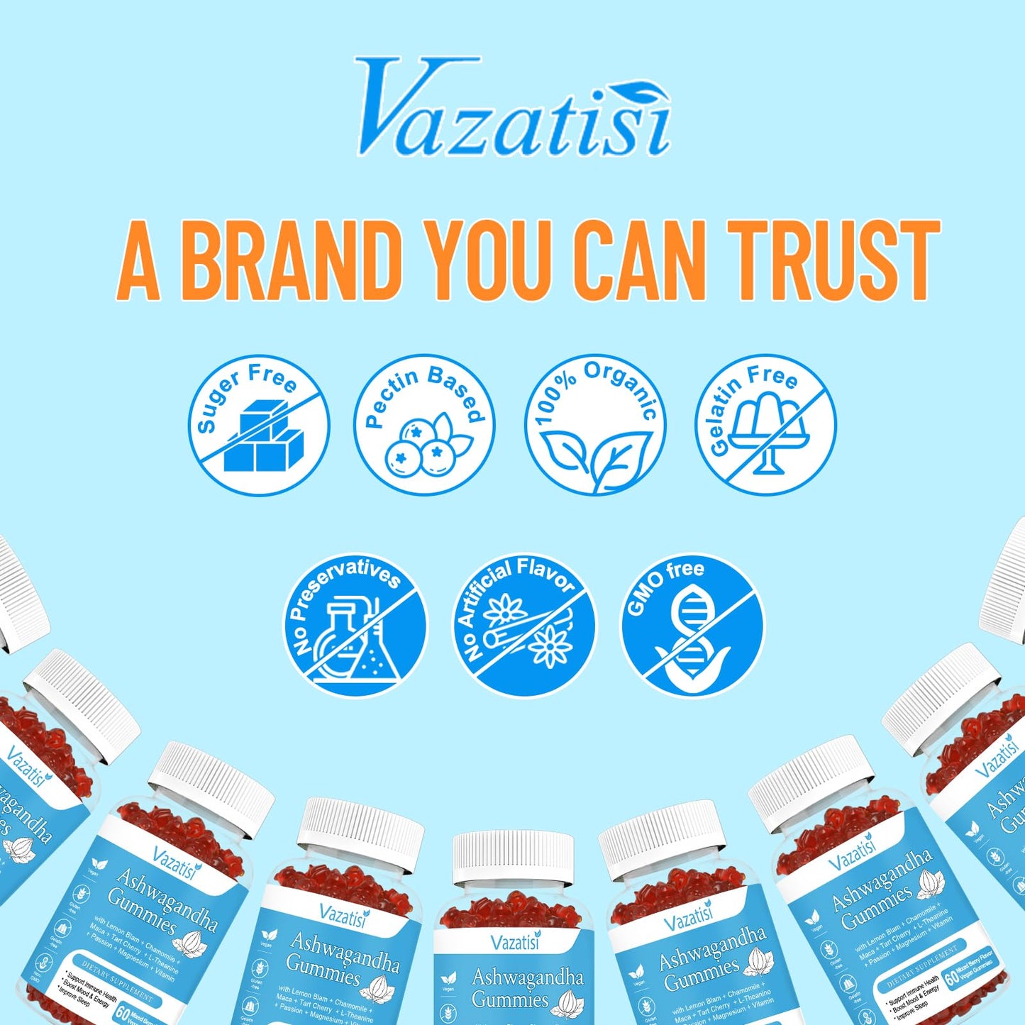 Vazatisi Ashwagandha Gummies (2 Pack) – Sugar Free Organic | Vegan & Gluten Free | 120 Count