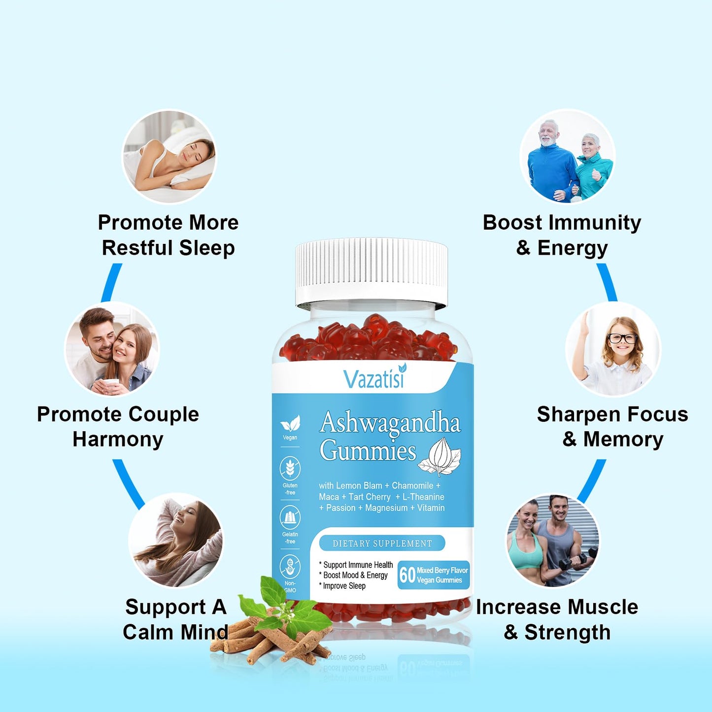 Vazatisi Ashwagandha Gummies (2 Pack) – Sugar Free Organic | Vegan & Gluten Free | 120 Count