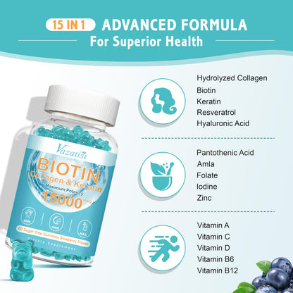 Vazatisi Biotin & Collagen Gummies with B12 for Hair, Skin & Nails – Blueberry Flavor, Sugar-Free, 120 Count