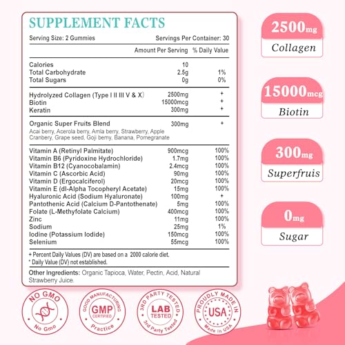 Vazatisi Sugar Free Collagen Gummies – Multi-Collagen Peptides (I II III V X) + Biotin, Strawberry, 60 Count