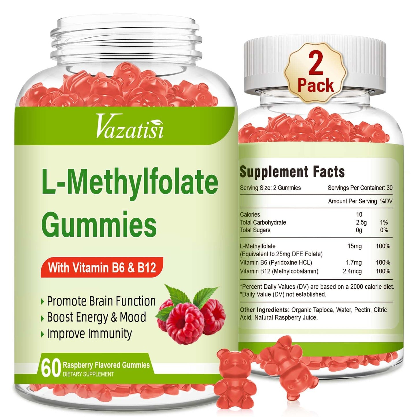 Vazatisi L-Methylfolate Gummies 15 mg with Methyl B12 – Mood, Brain & Immune Support (Raspberry, 120 Count)