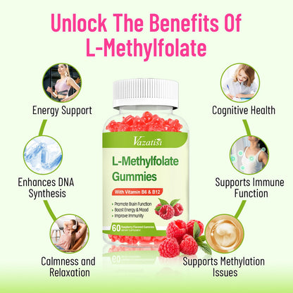 Vazatisi L-Methylfolate Gummies 15 mg with Methyl B12 – Mood, Brain & Immune Support (Raspberry, 120 Count)