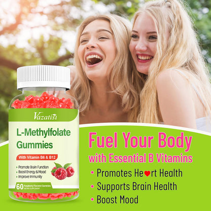 Vazatisi L-Methylfolate Gummies 15 mg with Methyl B12 – Mood, Brain & Immune Support (Raspberry, 120 Count)