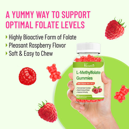 Vazatisi L-Methylfolate Gummies 15 mg with Methyl B12 – Mood, Brain & Immune Support (Raspberry, 120 Count)