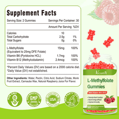 Vazatisi L-Methylfolate Gummies 15 mg with Methyl B12 – Mood, Brain & Immune Support (Raspberry, 120 Count)