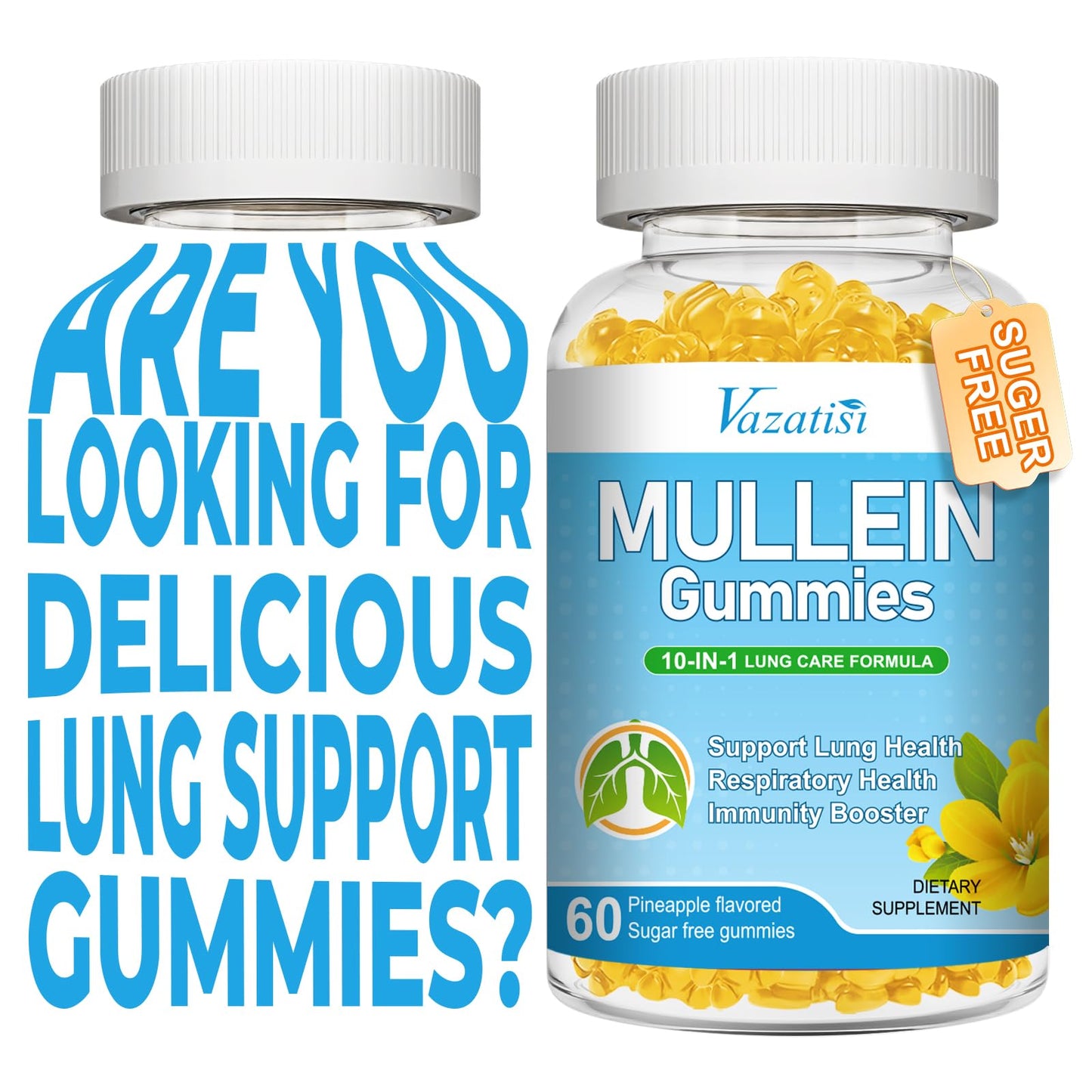 Vazatisi Mullein Gummies – Lung Detox, Pineapple Flavor, 120 Cts