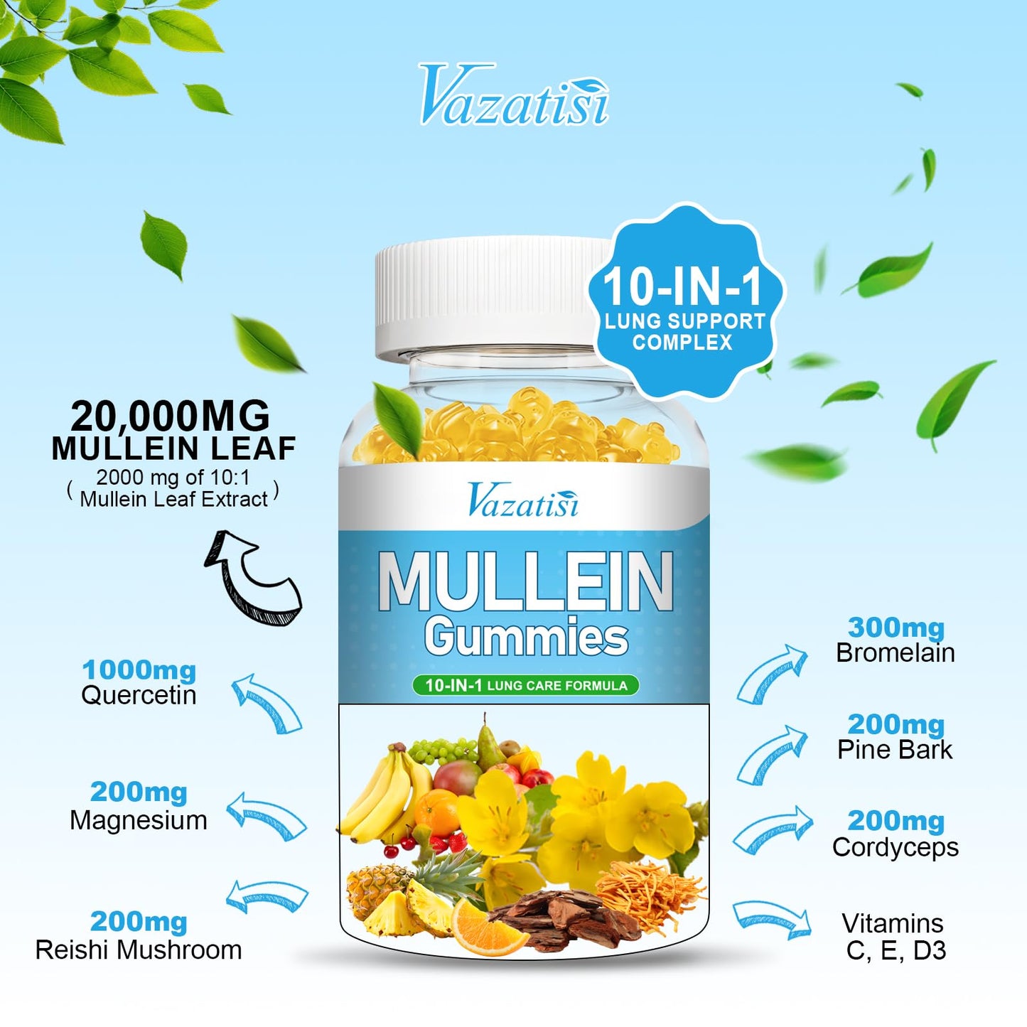 Vazatisi Mullein Gummies – Lung Detox, Pineapple Flavor, 120 Cts