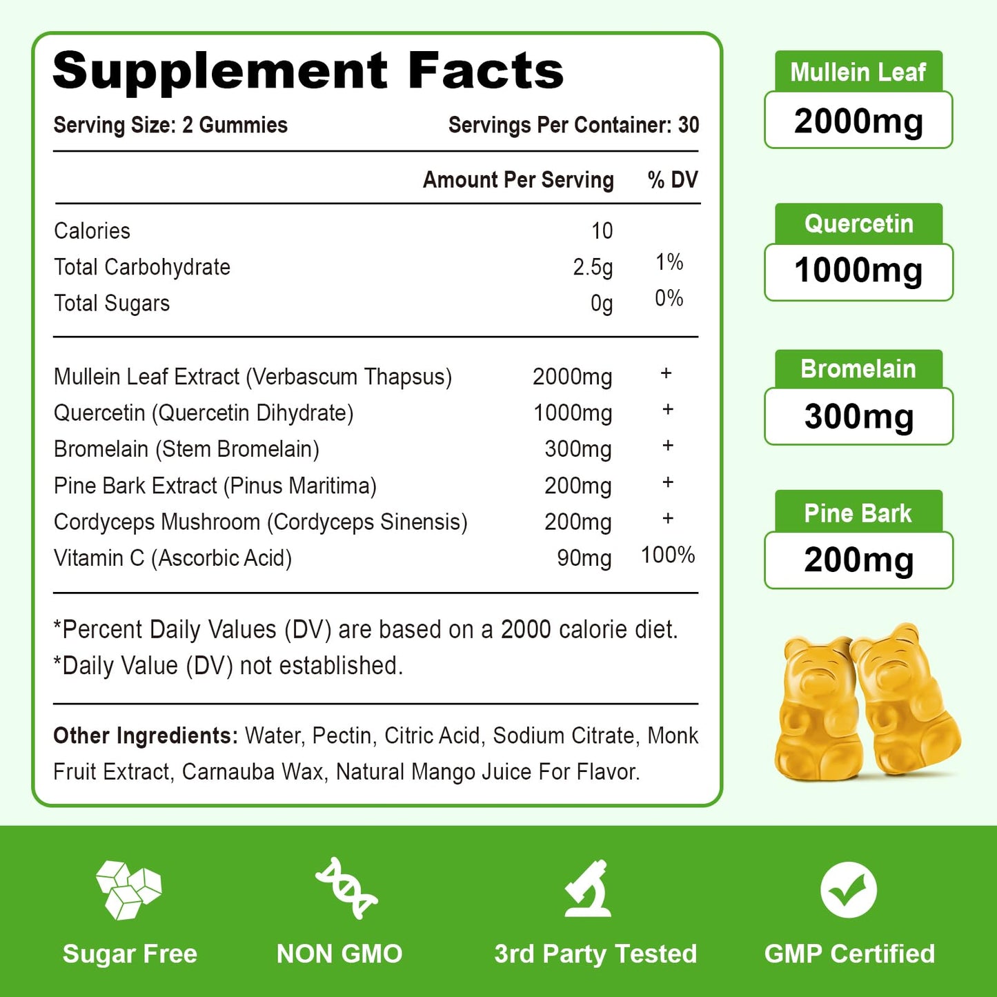 Vazatisi Mullein Gummies – Lung Health Support (Mullein Leaf, Bromelain, Cordyceps & Quercetin) 120ct