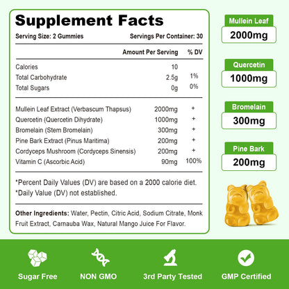 Vazatisi Mullein Gummies – Lung Health Support (Mullein Leaf, Bromelain, Cordyceps & Quercetin) 120ct