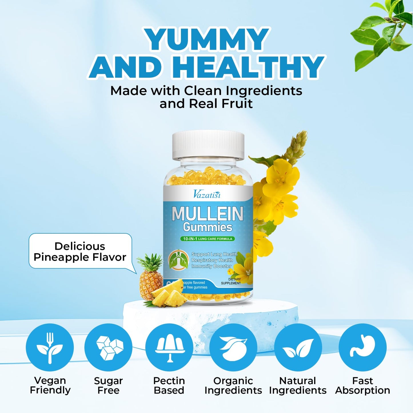 Vazatisi Mullein Gummies – Lung Detox, Pineapple Flavor, 120 Cts