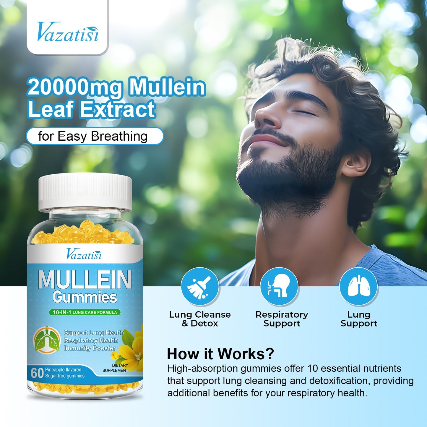 Vazatisi Mullein Gummies – Lung Detox, Pineapple Flavor, 120 Cts