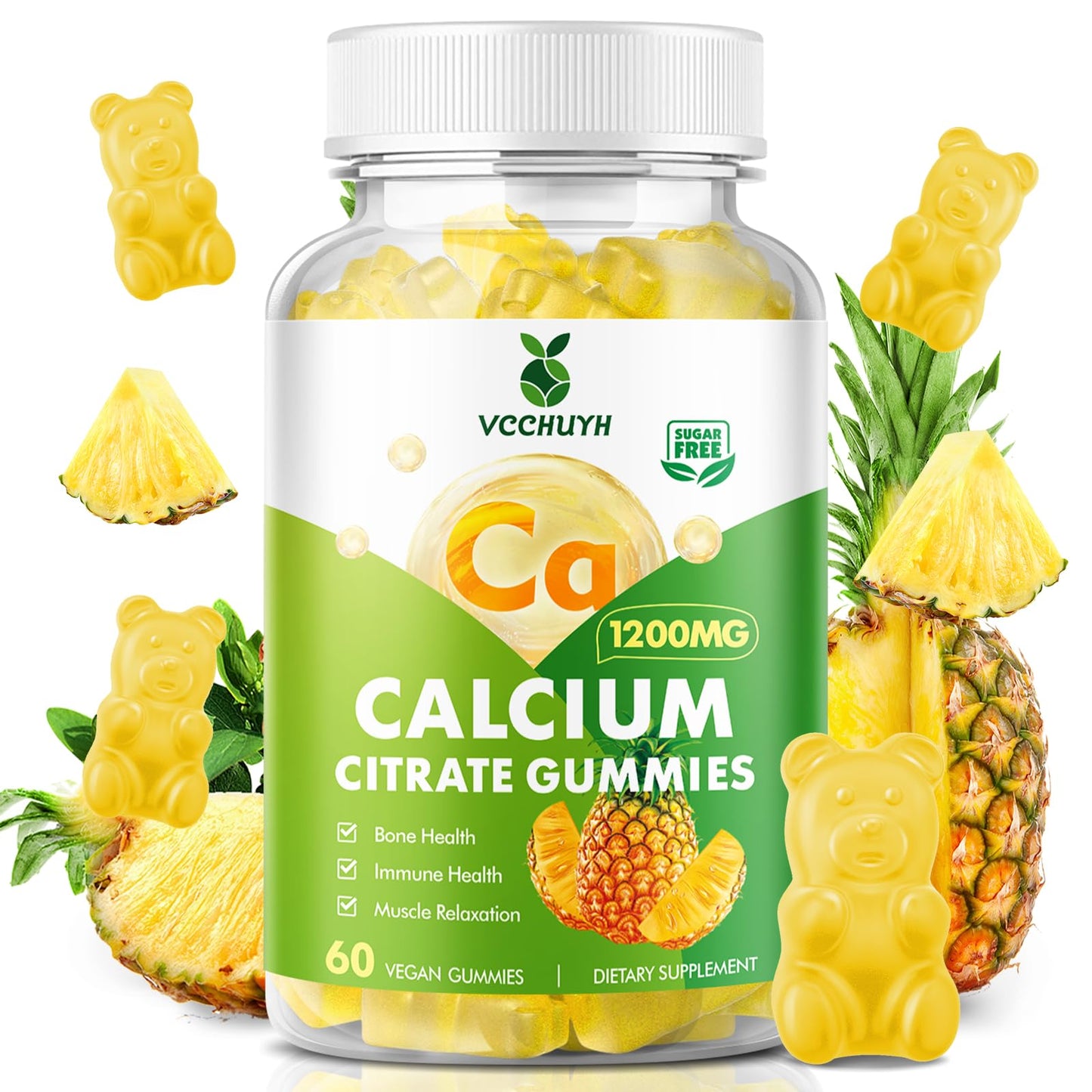 VCCHUYH Calcium Citrate Gummies 1200 mg – Sugar-Free, Vegan, Pineapple