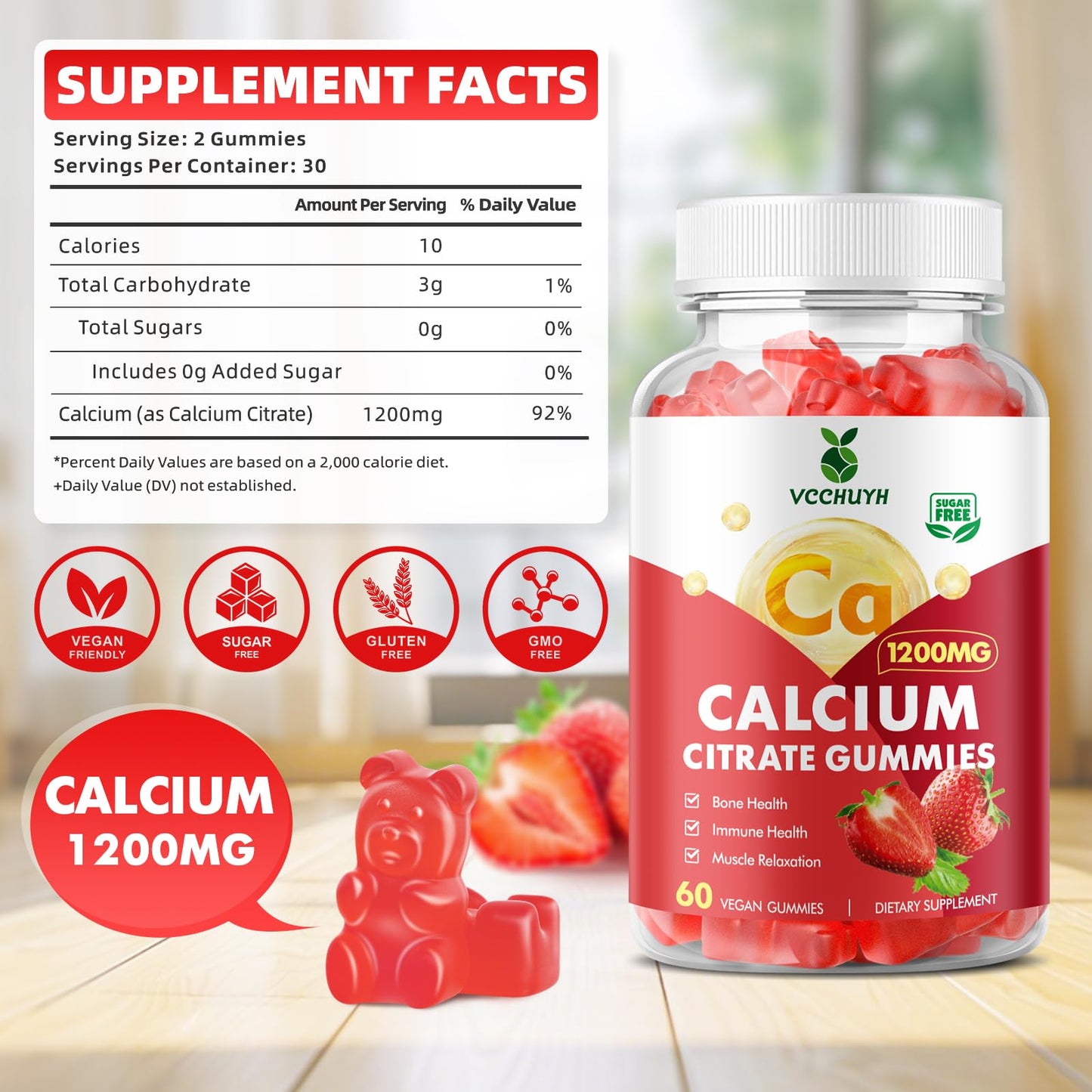 VCCHUYH Calcium Citrate Gummies 1200mg – Sugar Free Strawberry 60 Count | Bone, Muscle & Immune Support