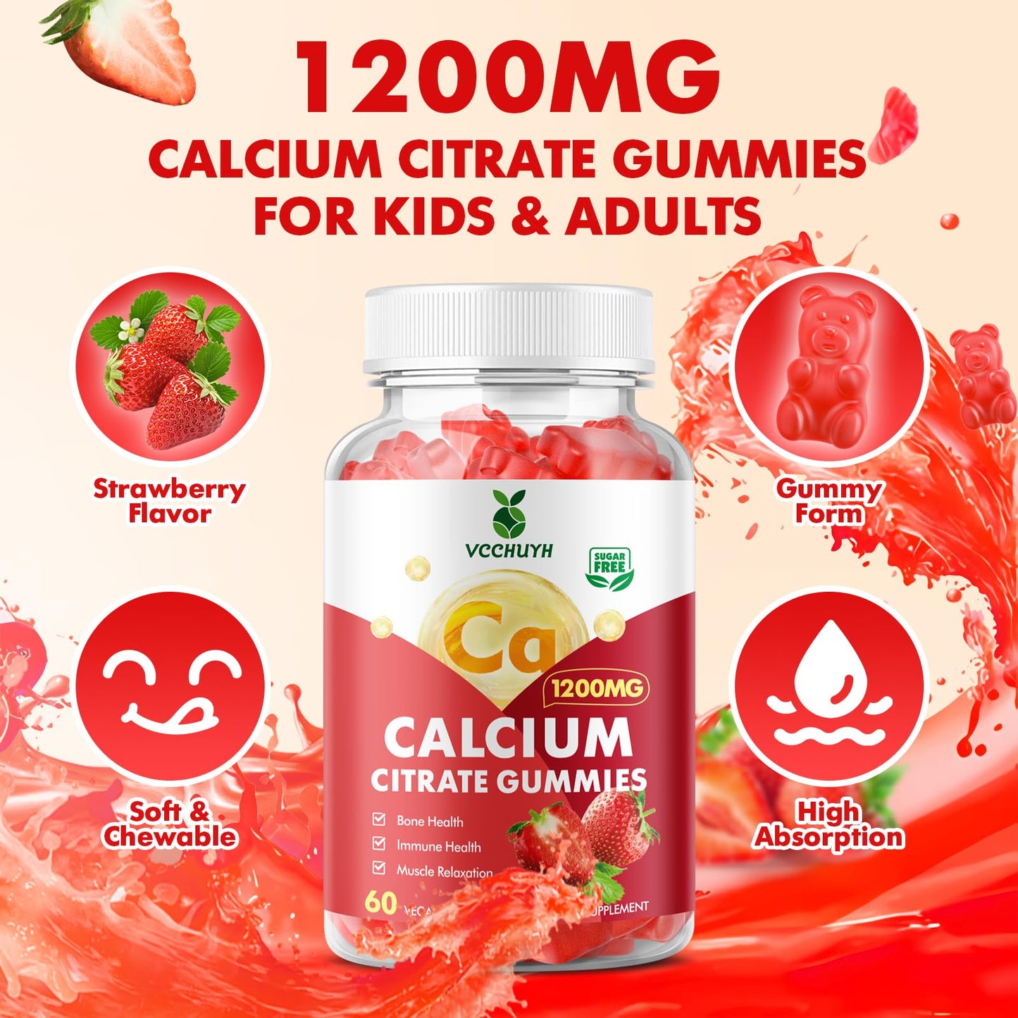 VCCHUYH Calcium Citrate Gummies 1200mg – Sugar Free Strawberry 60 Count | Bone, Muscle & Immune Support