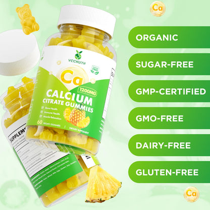 VCCHUYH Calcium Citrate Gummies 1200 mg - Sugar Free, Chewable Calcium for Adults & Kids | Pineapple