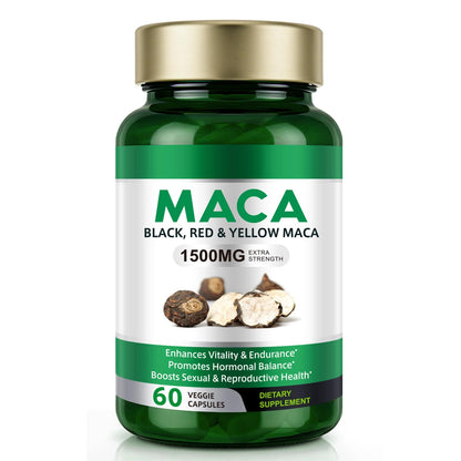Vceeoy Maca Root Capsules - 1500mg Black, Red & Yellow Maca with Black Pepper Extract | Energy Boost for Women & Men - 60 Capsules