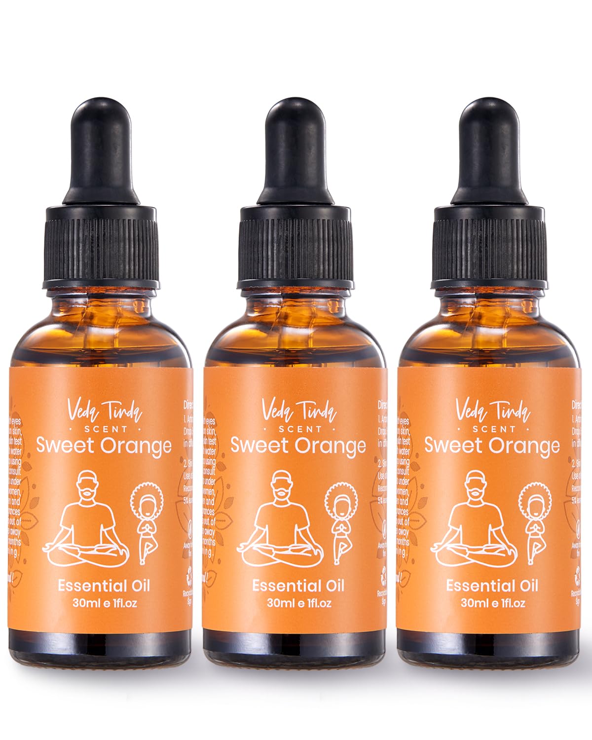 VEDA TINDA SCENT Sweet Orange Essential Oils Set – 3x 1 oz Bottles with Glass Droppers for Aromatherapy & DIY Skincare
