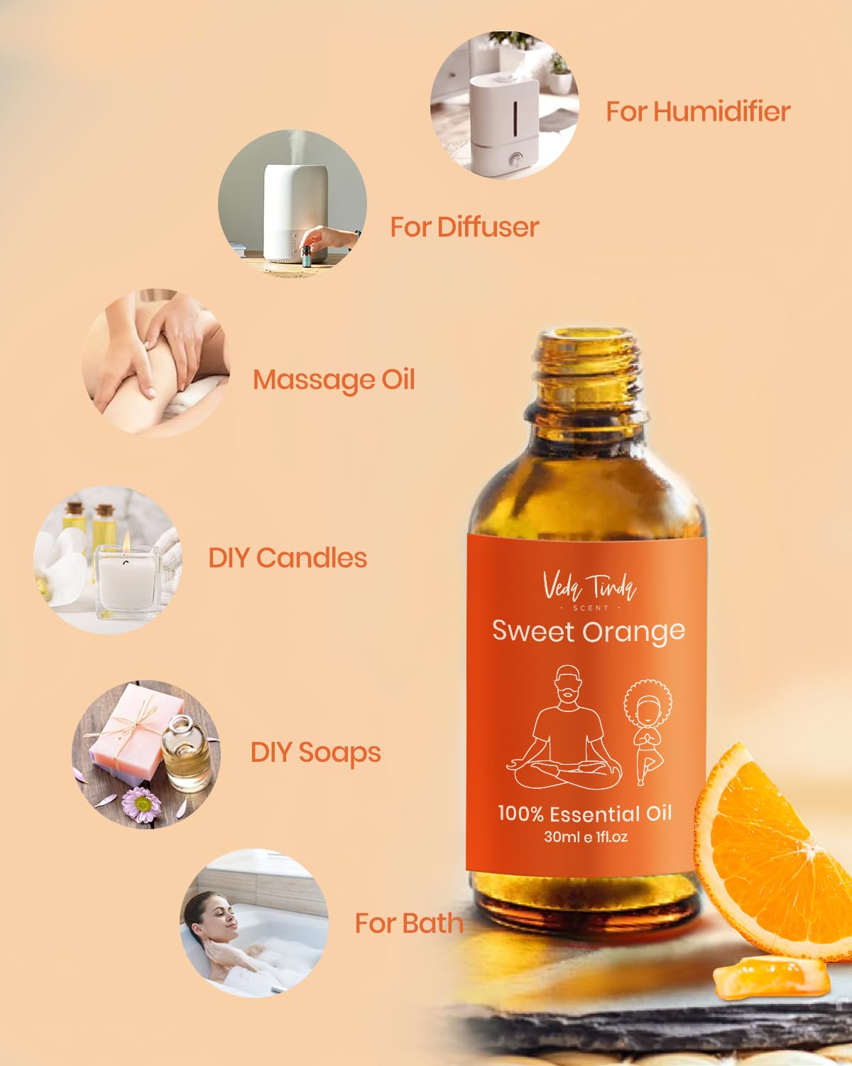 VEDA TINDA SCENT Sweet Orange Essential Oils Set – 3x 1 oz Bottles with Glass Droppers for Aromatherapy & DIY Skincare