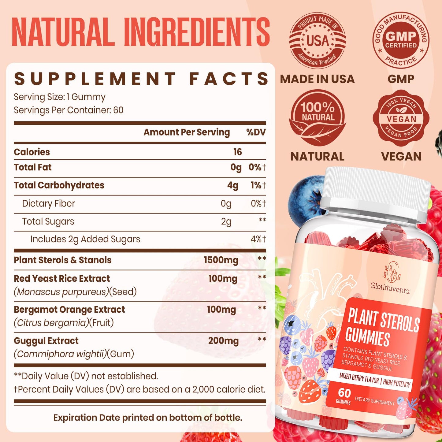 Cholesterol Supplement with Plant Sterols & Stanols Gummies – Guggul, Bergamot, Red Yeast Rice (60 Count)