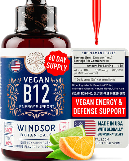 Vegan Vitamin B12 Liquid 5000 mcg | Sublingual Methylcobalamin Drops - 2oz