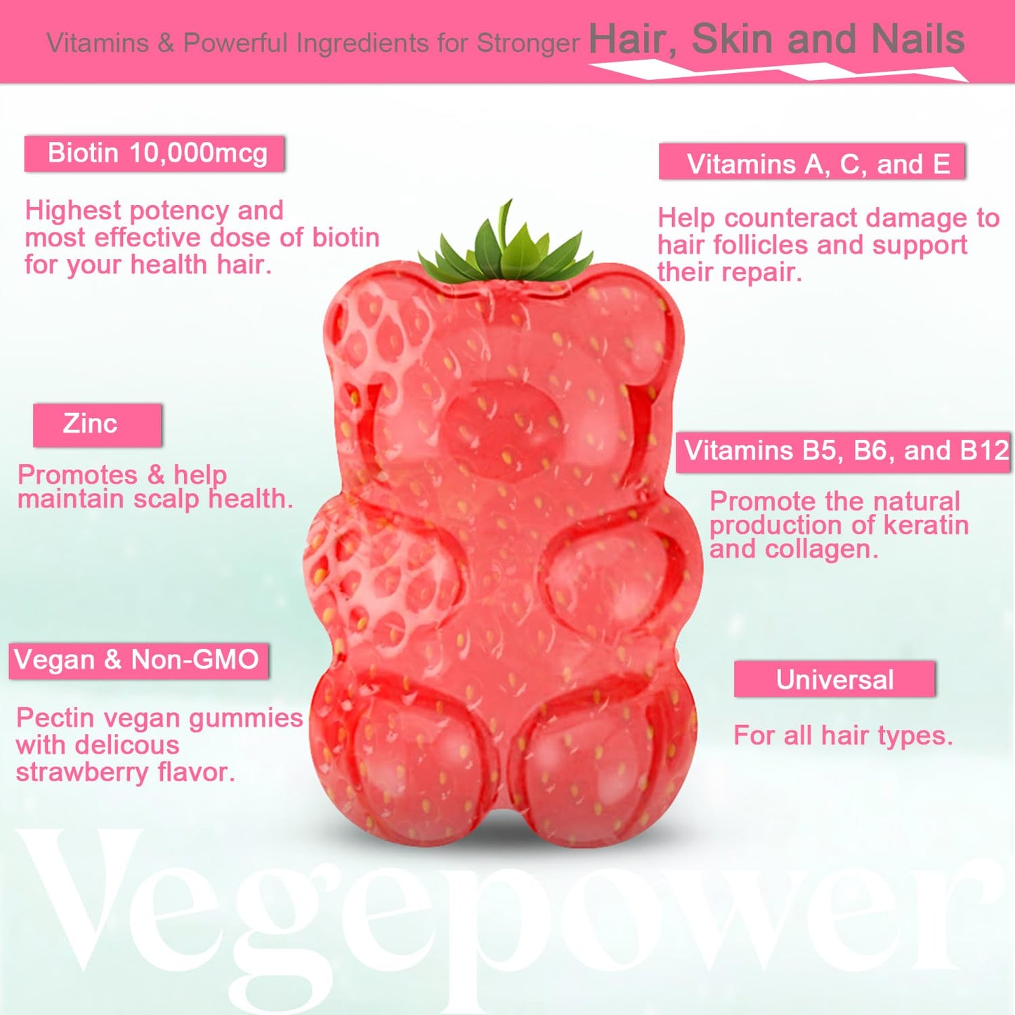 Biotin Gummies 10000mcg - Vegan Hair Growth Gummies for Women & Girls | Strawberry, Non-GMO, 120 Bears