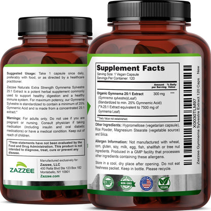 Zazzee Organic Gymnema Sylvestre 25:1 Extract – 7500 mg per Serving, 25% Gymnemic Acid, 120 Vegan Capsules