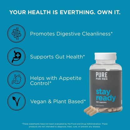 Pure for Men Original Vegan Stay Ready Fiber Supplement – Digestive Health & Regularity, 120 Vegan Capsules