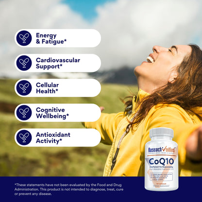 Research Verified CoQ10 – 250mg Pure CoQ10 with Bioperine, 180 Vegan Capsules | Enhanced Absorption