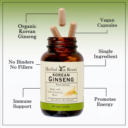 Herbal Roots Panax Ginseng | Organic Korean Ginseng Root Powder 1000mg | High Ginsenosides for Energy & Performance | 60 Vegan Capsules