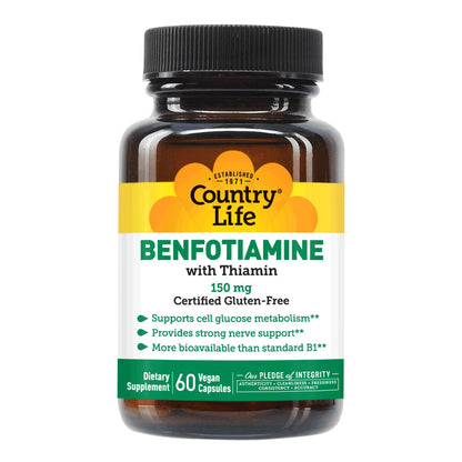 Country Life Benfotiamine with Thiamin – 150 mg, 60 Vegetarian Capsules | Gluten Free & Vegan
