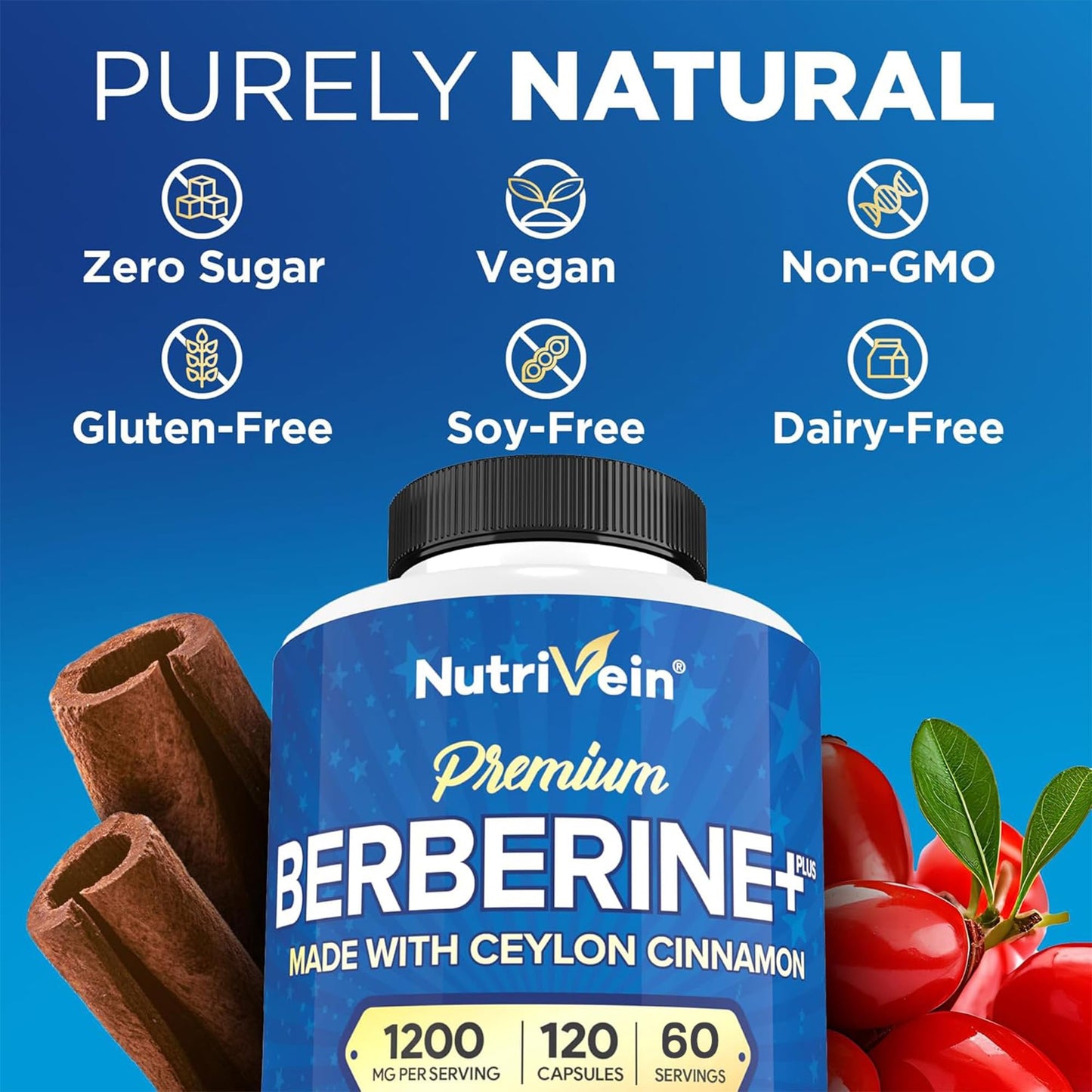 Nutrivein Premium Berberine HCL 1200 mg with Ceylon Cinnamon - 120 Capsules | High-Absorption Berberine for Digestion, Metabolism & Defenses