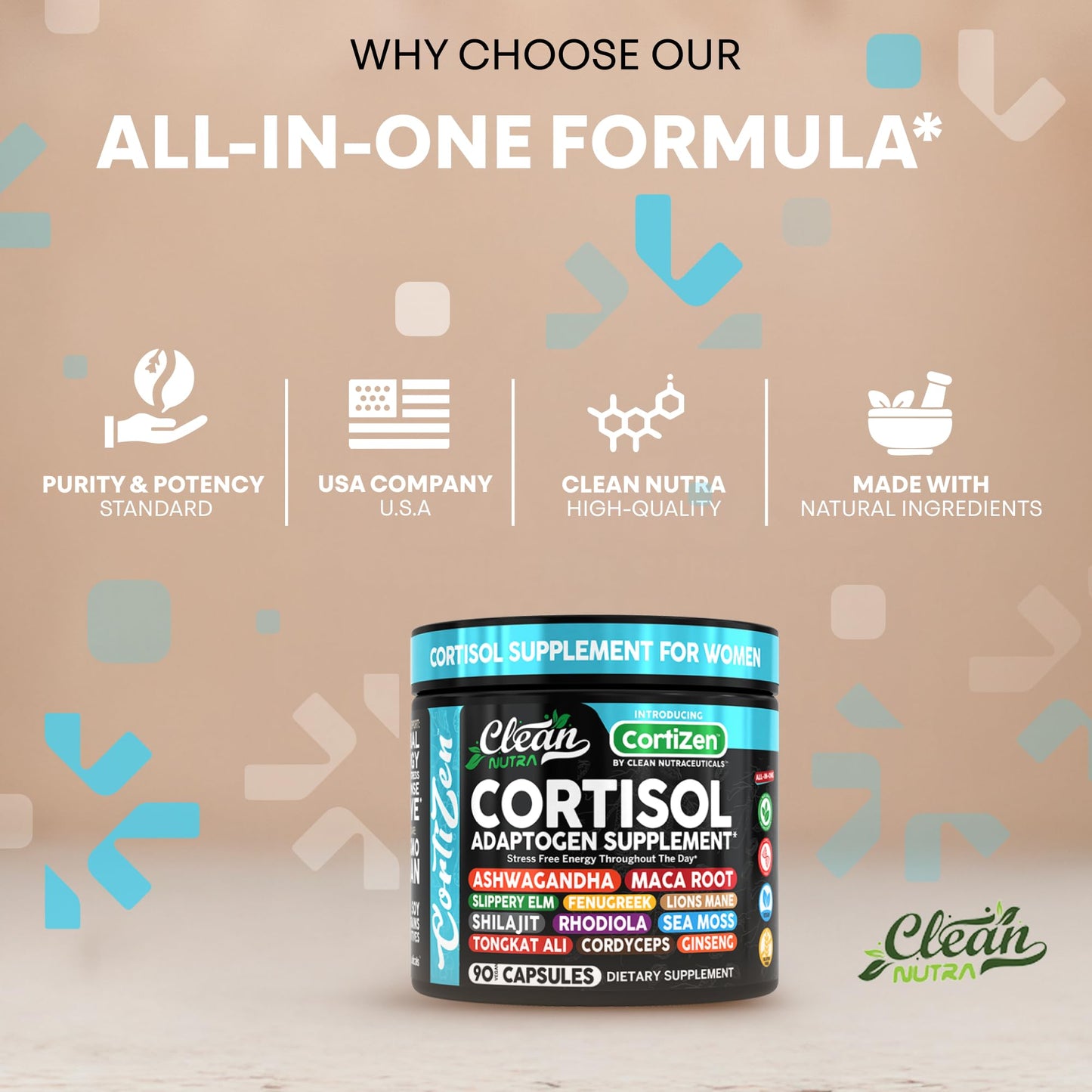 Clean Nutra Cortisol Supplements For Women | Maca Root Ashwagandha Cortisol Detox Manager Reducer + Slippery Elm Fenugreek Lions Mane Shilajit Rhodiola Sea Moss Tongkat Ali Cordyceps Ginseng Beet Root
