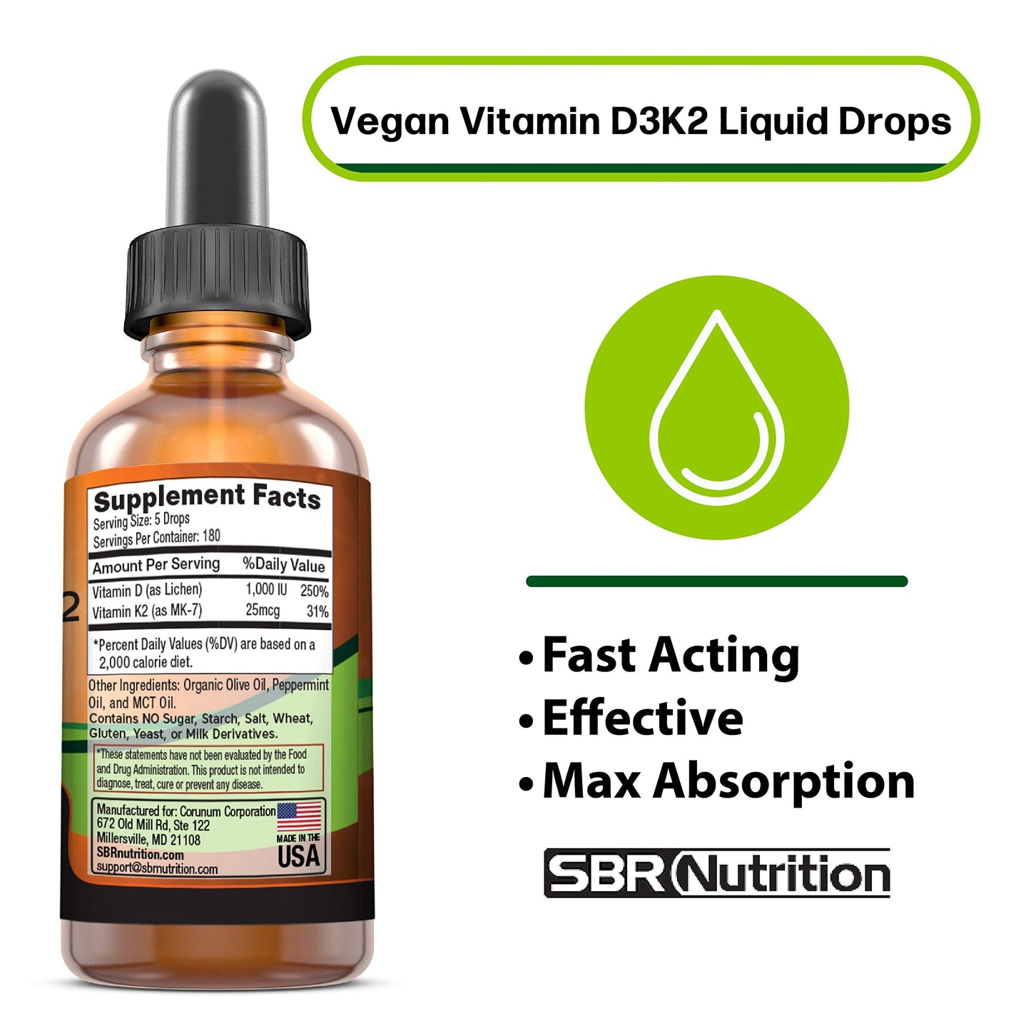 Vegan Vitamin D3 + K2 (MK-7) Liquid Drops with MCT – Peppermint Flavor