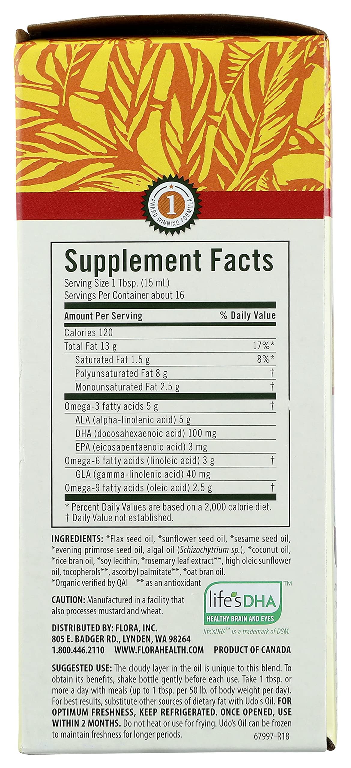 Flora Udo's Oil DHA 3-6-9 Blend - Vegan Omega-3-6-9 for Brain & Eye Health - 17 fl oz