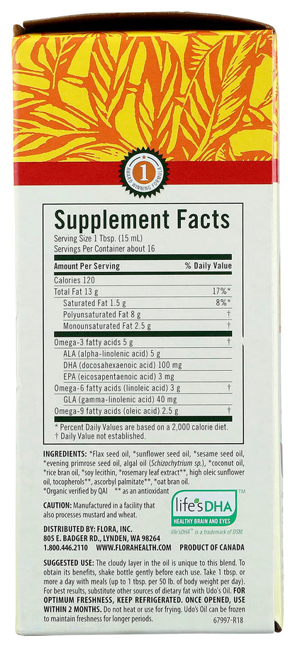 Flora Udo's Oil DHA 3-6-9 Blend - Vegan Omega-3-6-9 for Brain & Eye Health - 17 fl oz