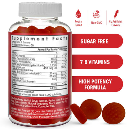 Sugar Free Vitamin B Complex Gummies - B12, B6, B3, B7, B9 | Prenatal, Vegan, Elderly
