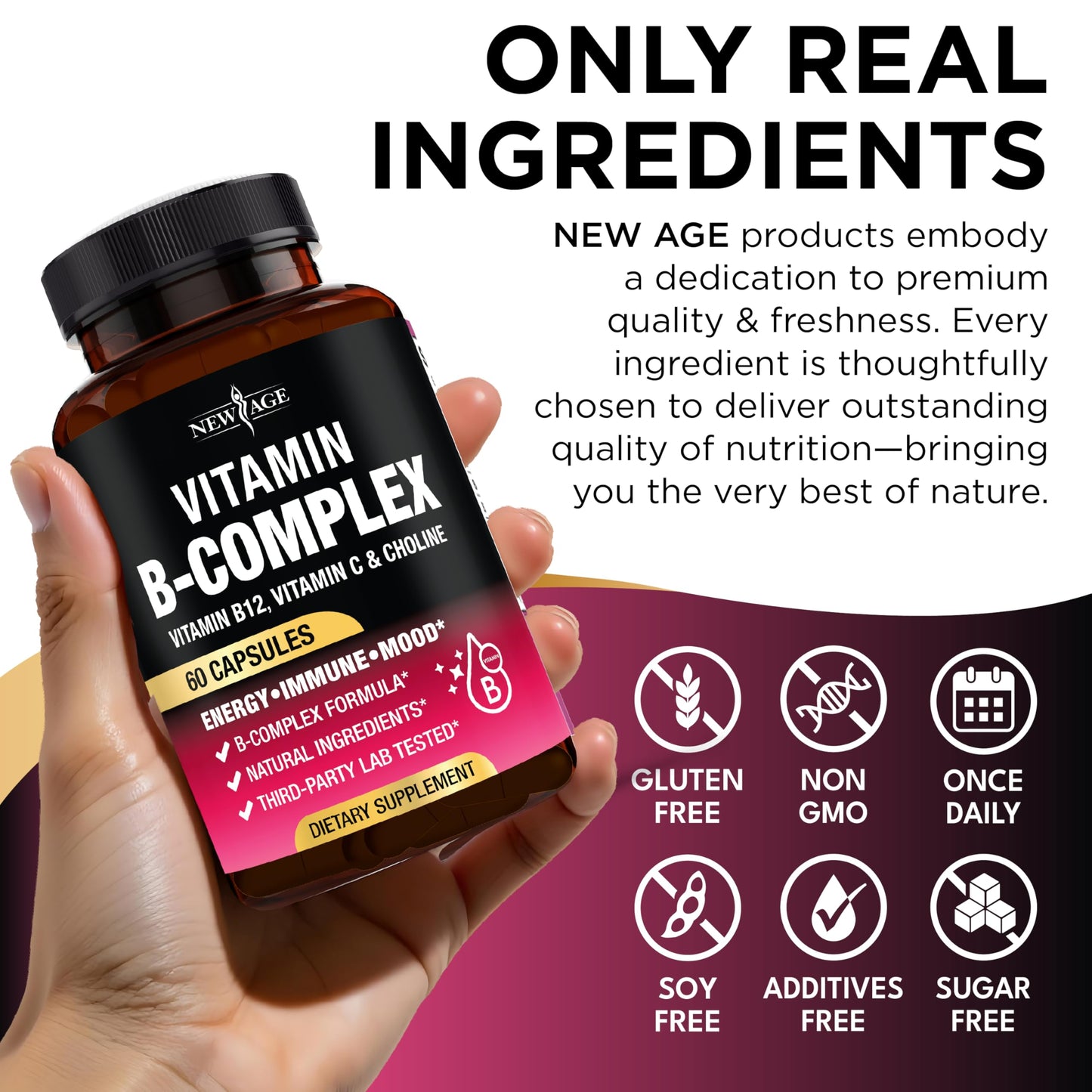 Vitamin B Complex for Men & Women – Made in USA | B-Complex with B1–B12, Vitamin C, Choline & Inositol – 60 Vegan Capsules