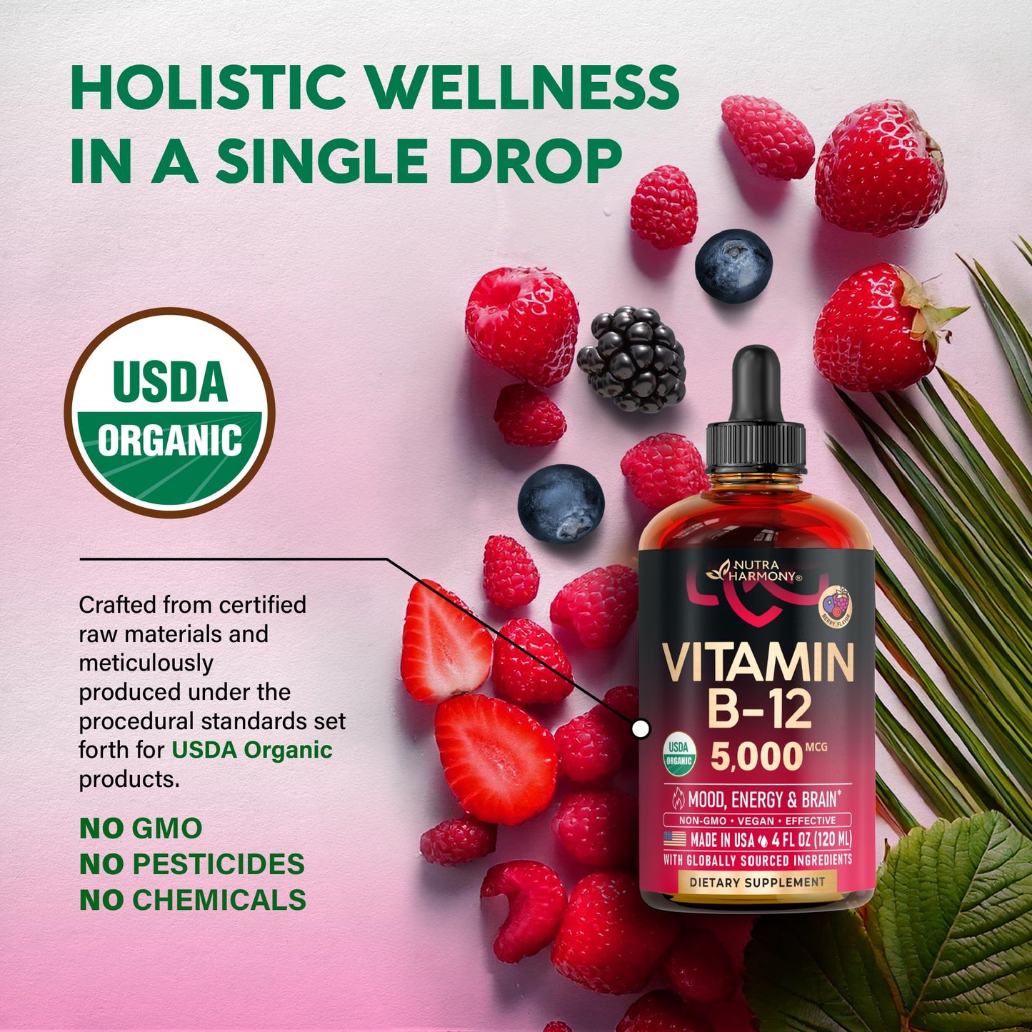 USDA Organic Vitamin B12 Sublingual Drops – 5000 mcg, 4 oz, 4 Month Supply