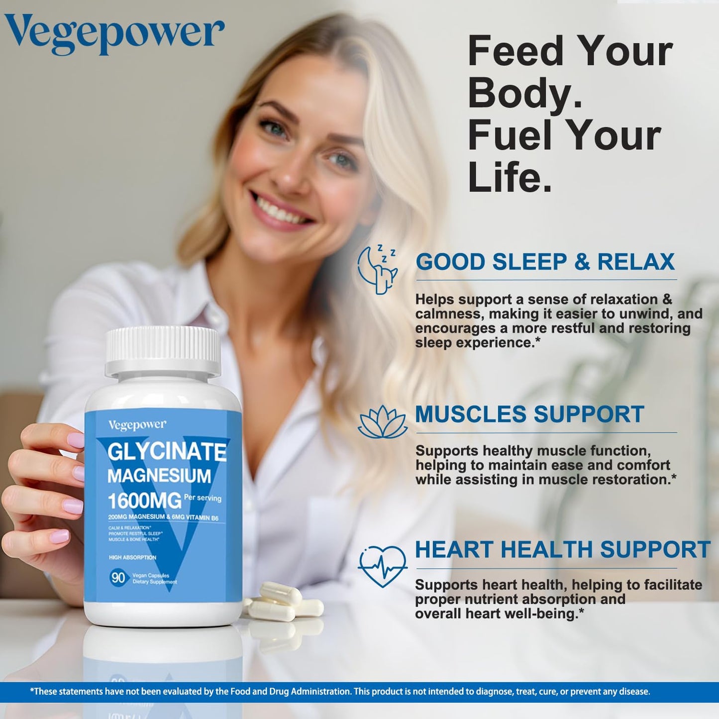 Magnesium Glycinate Capsules 200mg | Chelated Mg Bisglycinate + Vitamin D3, B6 & Zinc | Vegan 180 VegCaps