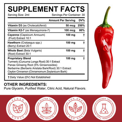 2 Pack Cayenne Pepper Drops – Organic Cayenne, Hawthorn, Beet Root, Turmeric, K2 & D3 | Vegan