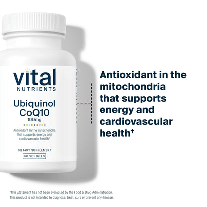 Vital Nutrients Ubiquinol CoQ10 100mg – Activated CoQ10 for Heart & Brain Health | Gluten & Dairy Free | 60 Softgels