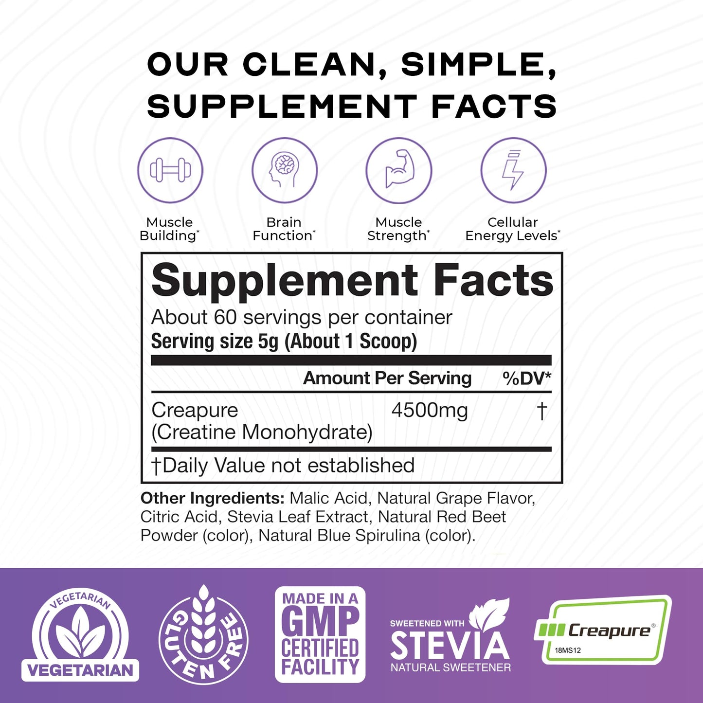 Muscle Feast Creapure Creatine Monohydrate Powder - Natural Grape, 300g, 60 Servings, Vegan Gluten-Free