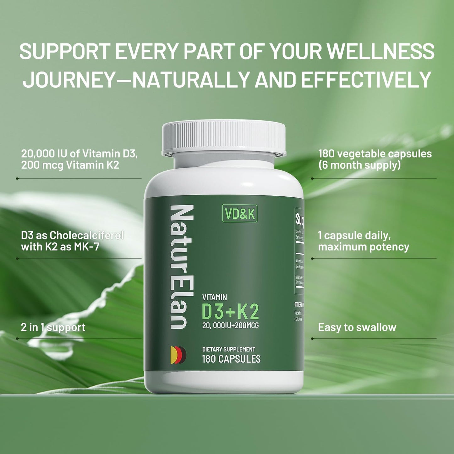 Vitamin D3 K2 20,000 IU MK-7 - 180 Vegan Capsules