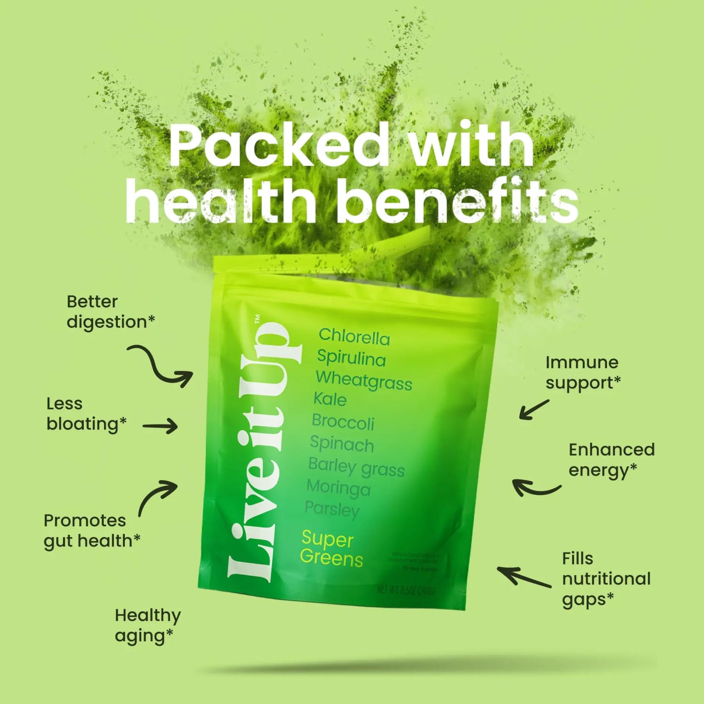 Live It Up Super Greens Powder | Berry Flavor with Probiotics & Digestive Enzymes – All-Natural Plant-Based Superfood, 30 Servings