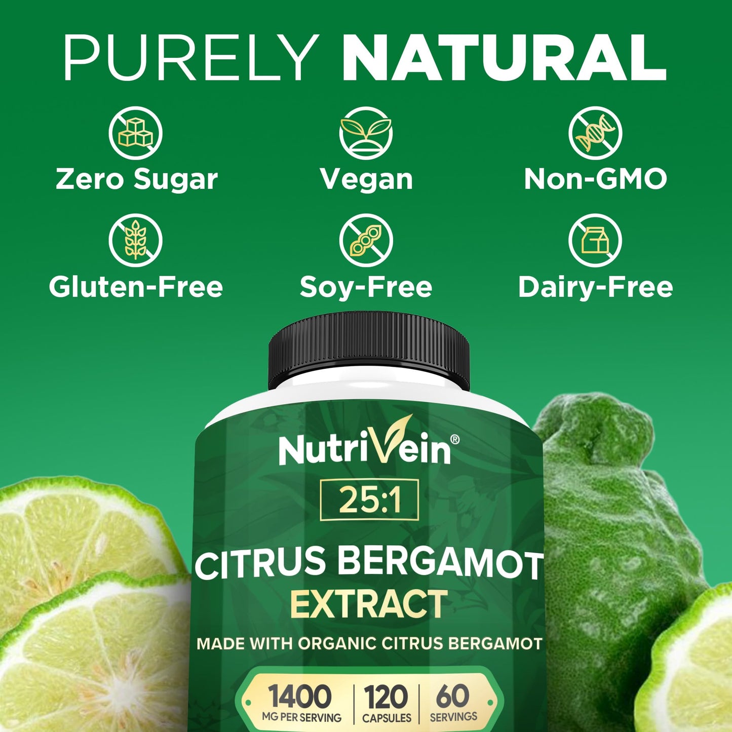 Nutrivein Premium Citrus Bergamot Supplement 1400mg 25:1 Bergamia Extract – 60 Day Supply (120 Capsules) | Heart & Circulatory Support