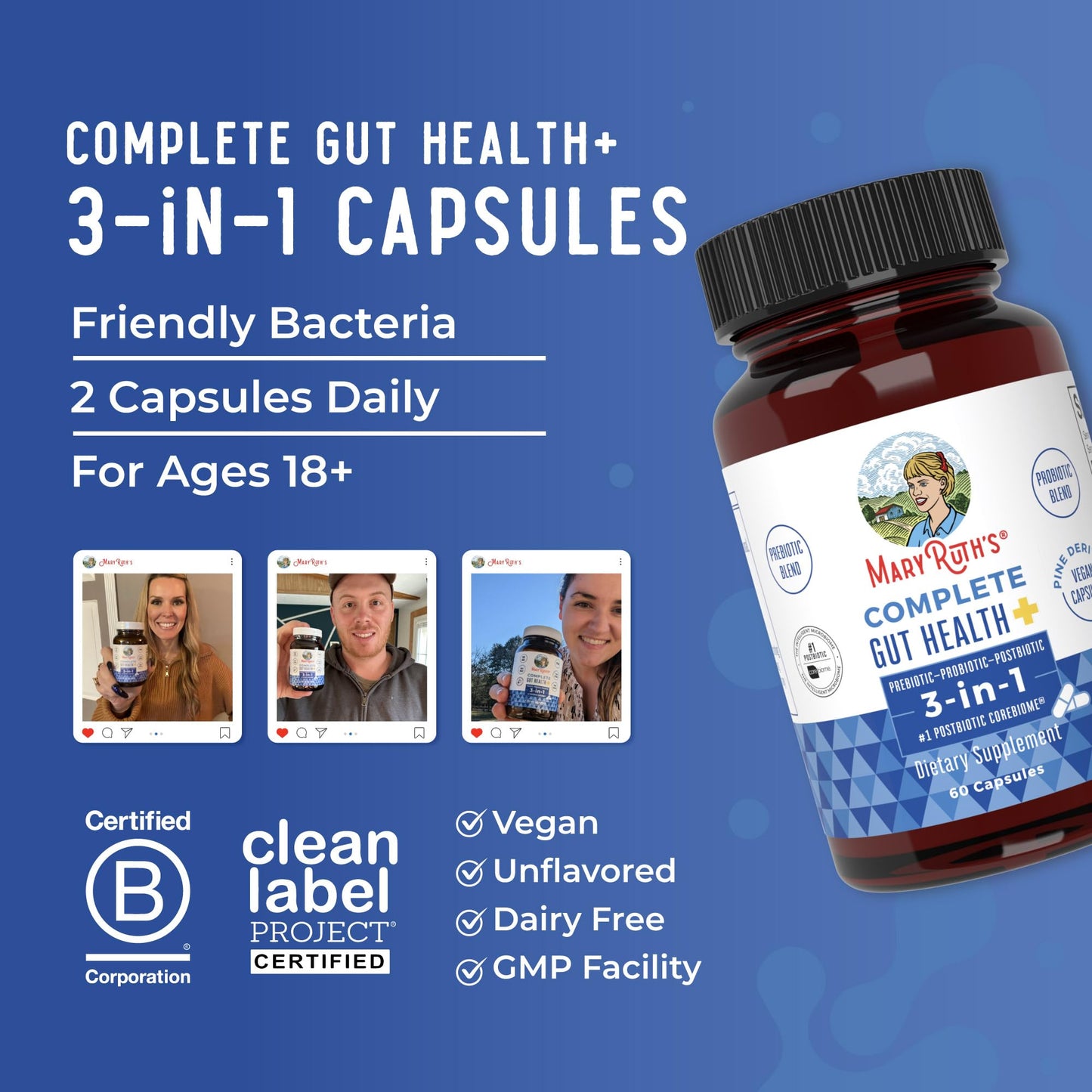 MaryRuth’s Complete Gut Health+ Capsules | 5-Probiotic Blend + Corebiome® Butyrate | Vegan GI Support | 30 Servings